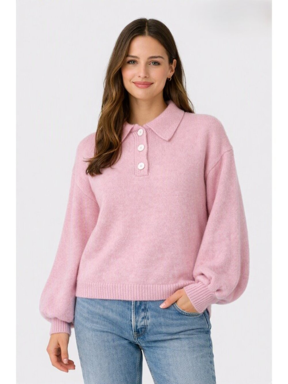 NWT Mr Mittens Giselle in Baby Pink Alpaca Knit Balloon Sleeve Polo Sweater XS/S